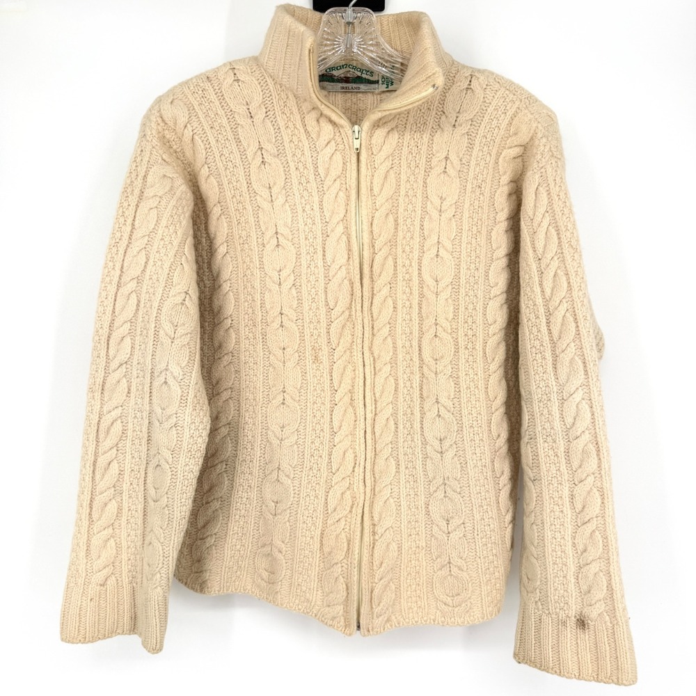 Aran Crafts Cardigan Sweater Cream Merino Wool Cable Knit Full Zip Ireland S